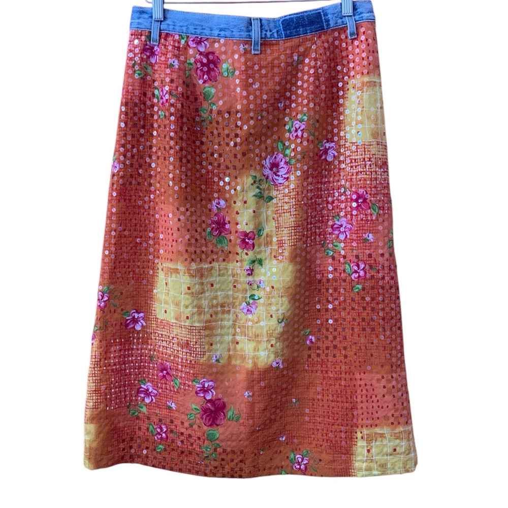 Vintage Floral Orange Denim-Trim Sequins Skirt Women M - Picture 3 of 4